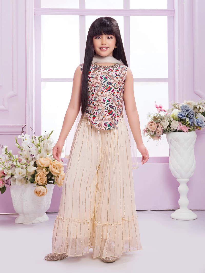 Girls Cream Festive Floral Printed Palazzo Set With Dupatta