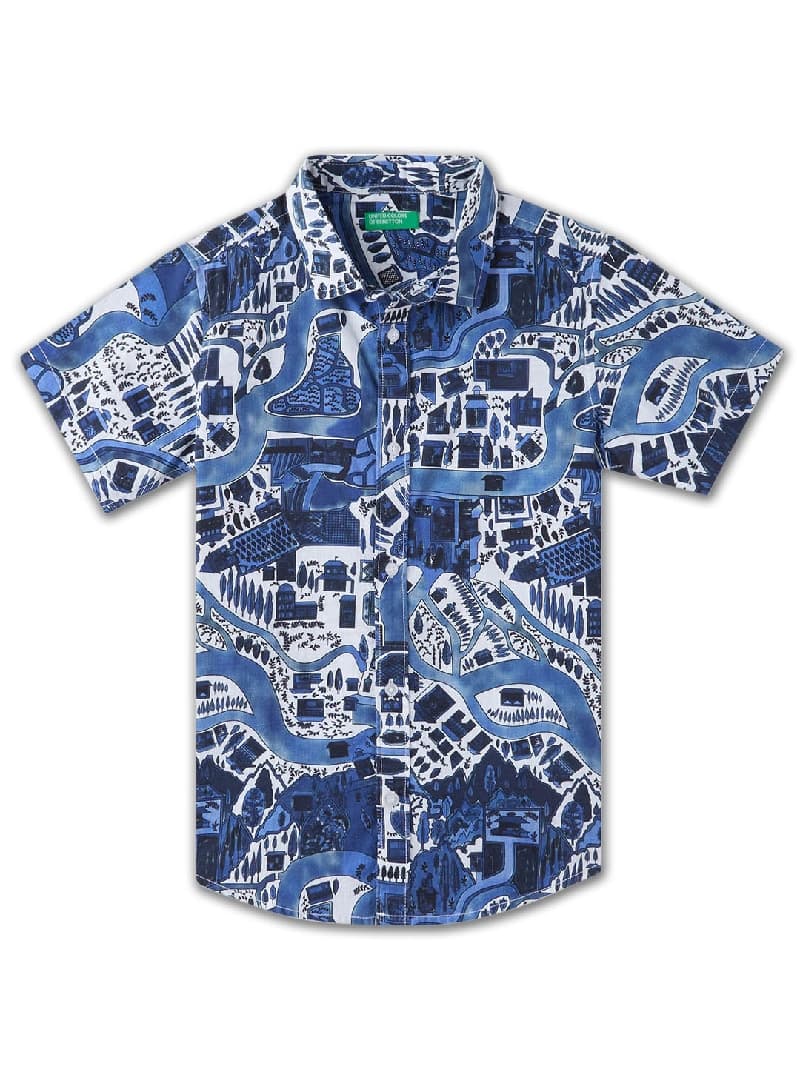Boys Blue Casual Regular Fit Printed Half Sleeves Shirt