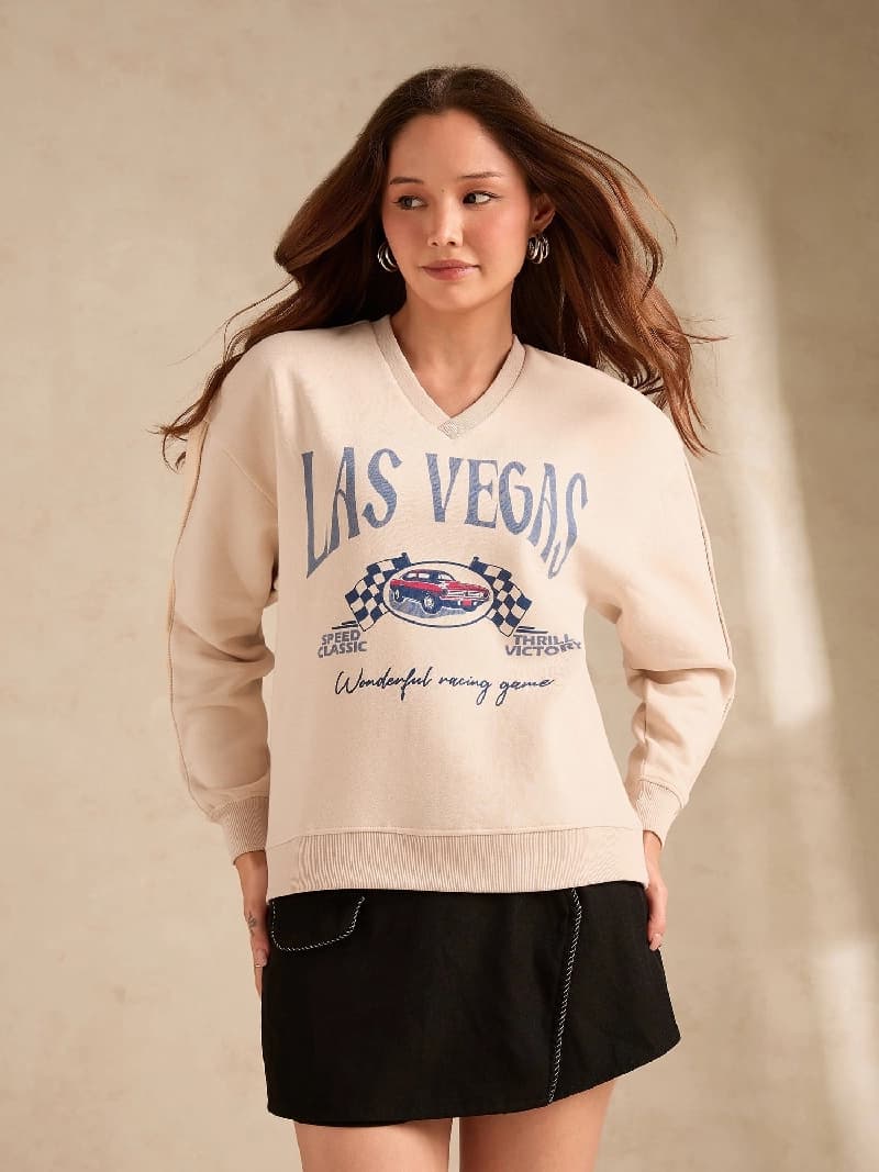Women's Cream Casual Graphic Oversized Fit Sweatshirt