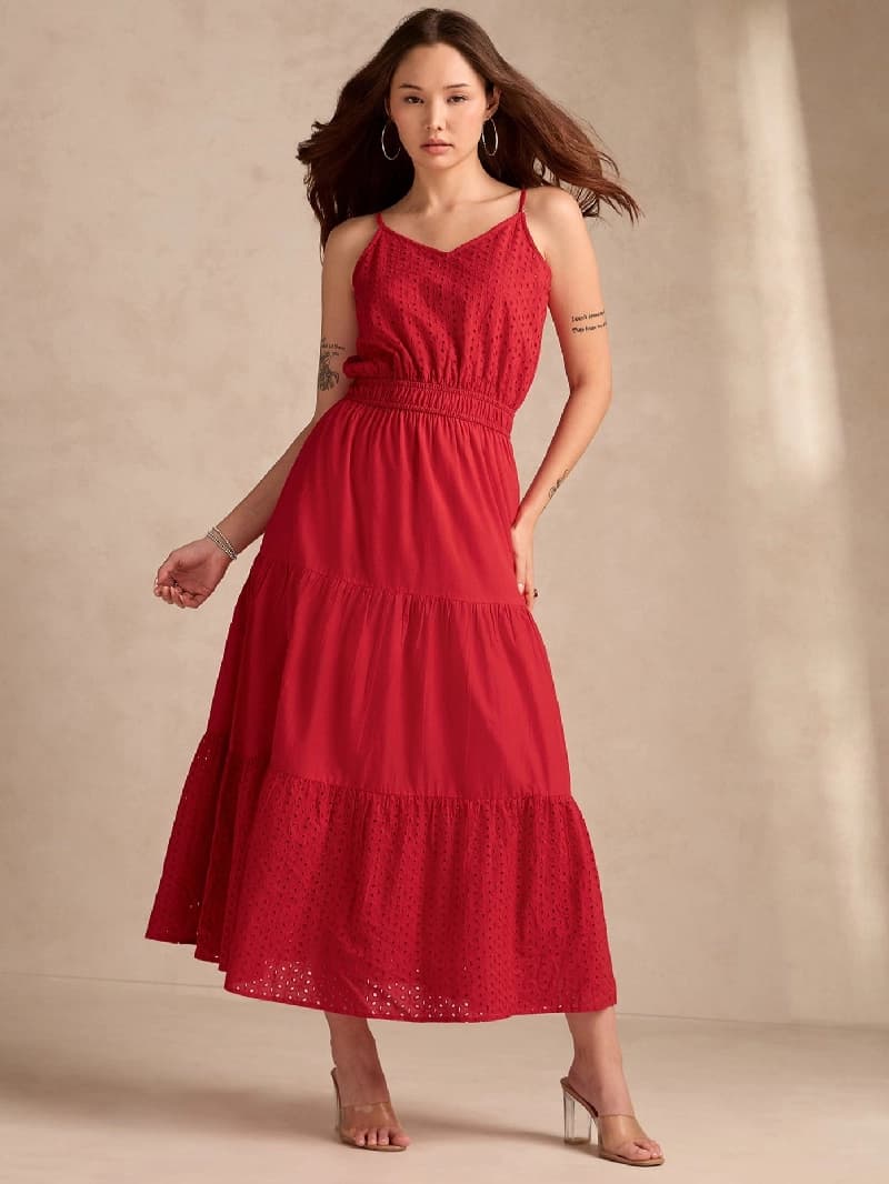 Women's Red Casual Solid Regular Fit Dress