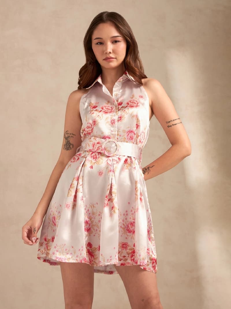 Women's Pink Party Printed Regular Fit Dress