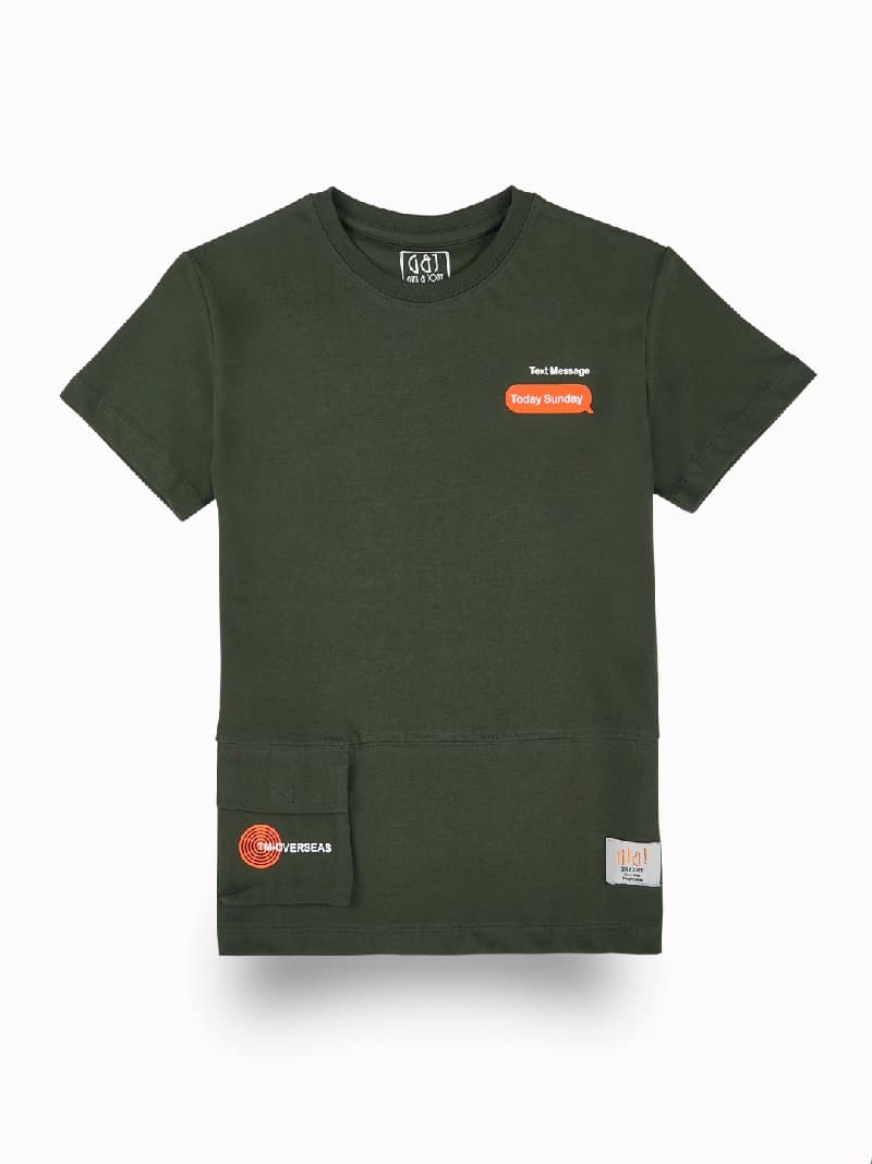 Boys Olive Casual Regular Fit Typography Half Sleeves Tshirt