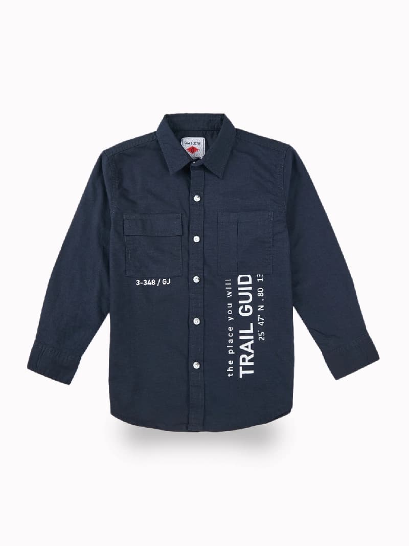 Boys Navy Casual Regular Fit Typography Full Sleeves Shirt