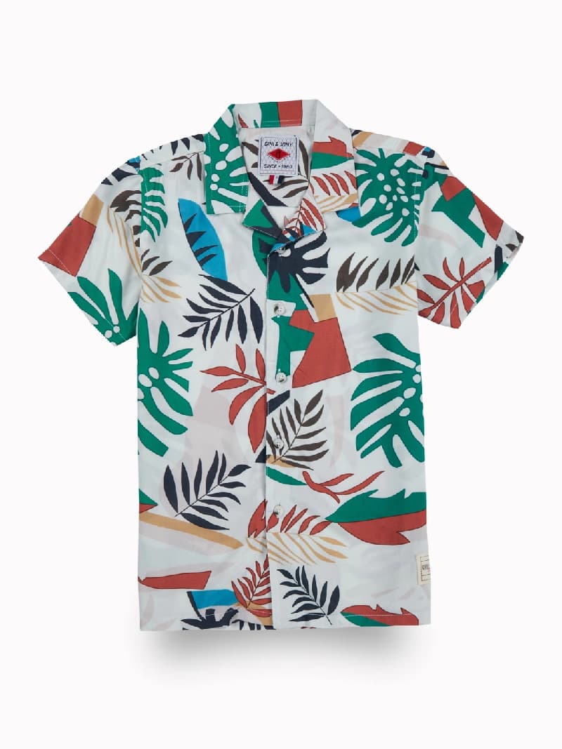 Boys White Casual Regular Fit Tropical Half Sleeves Shirt