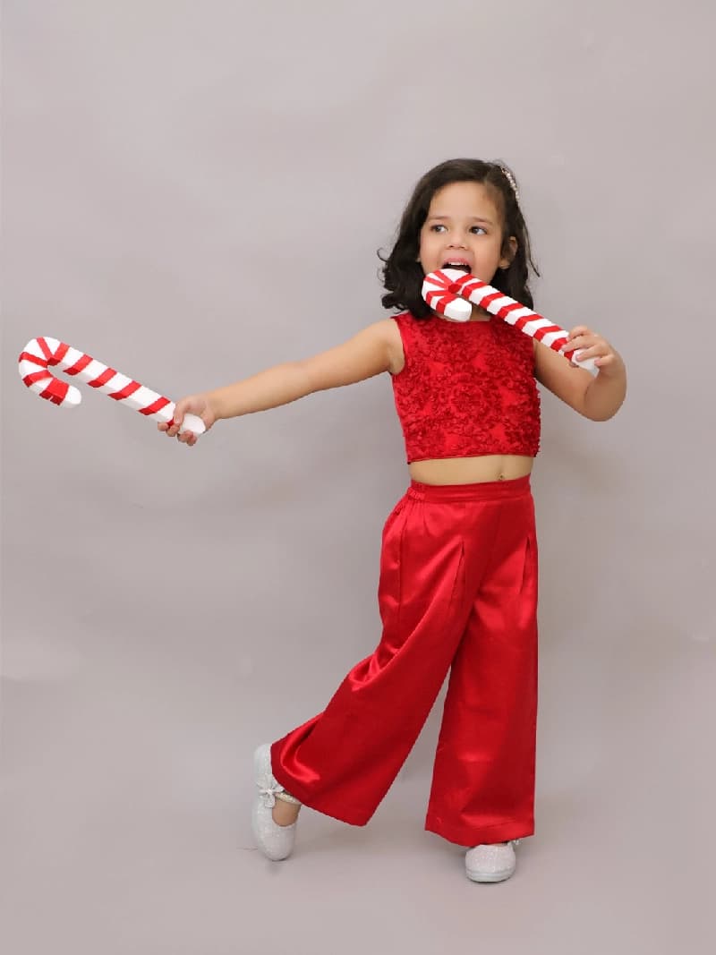 Girls Red Party Sleeveless Glam Up Top With Pant