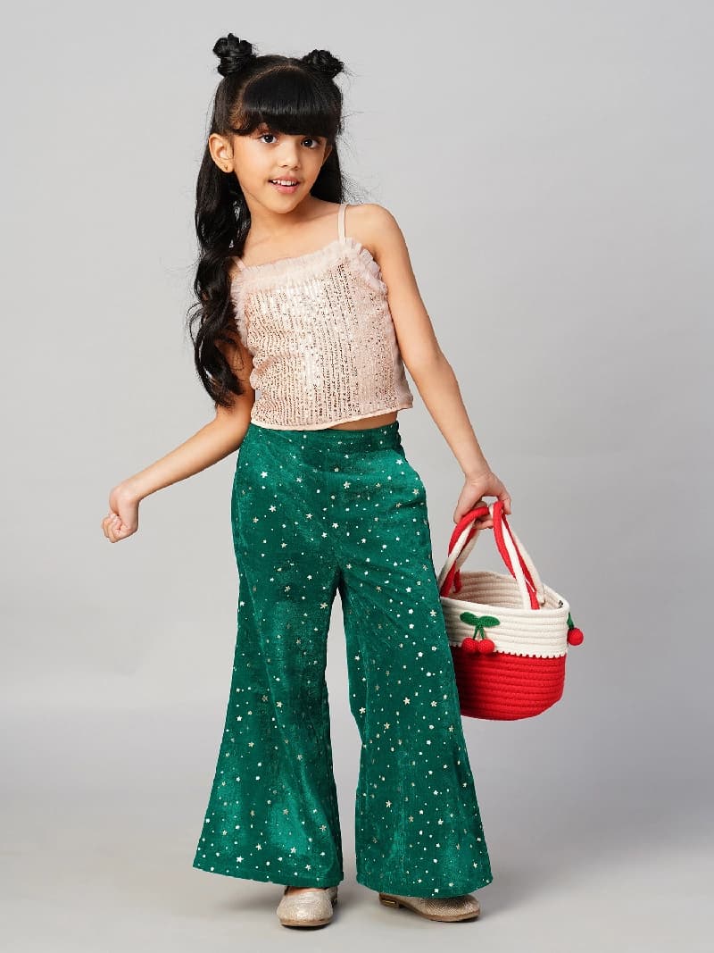 Girls Green Party Sleeveless Razzle Dazzle Sequins Top With Velvet Pant