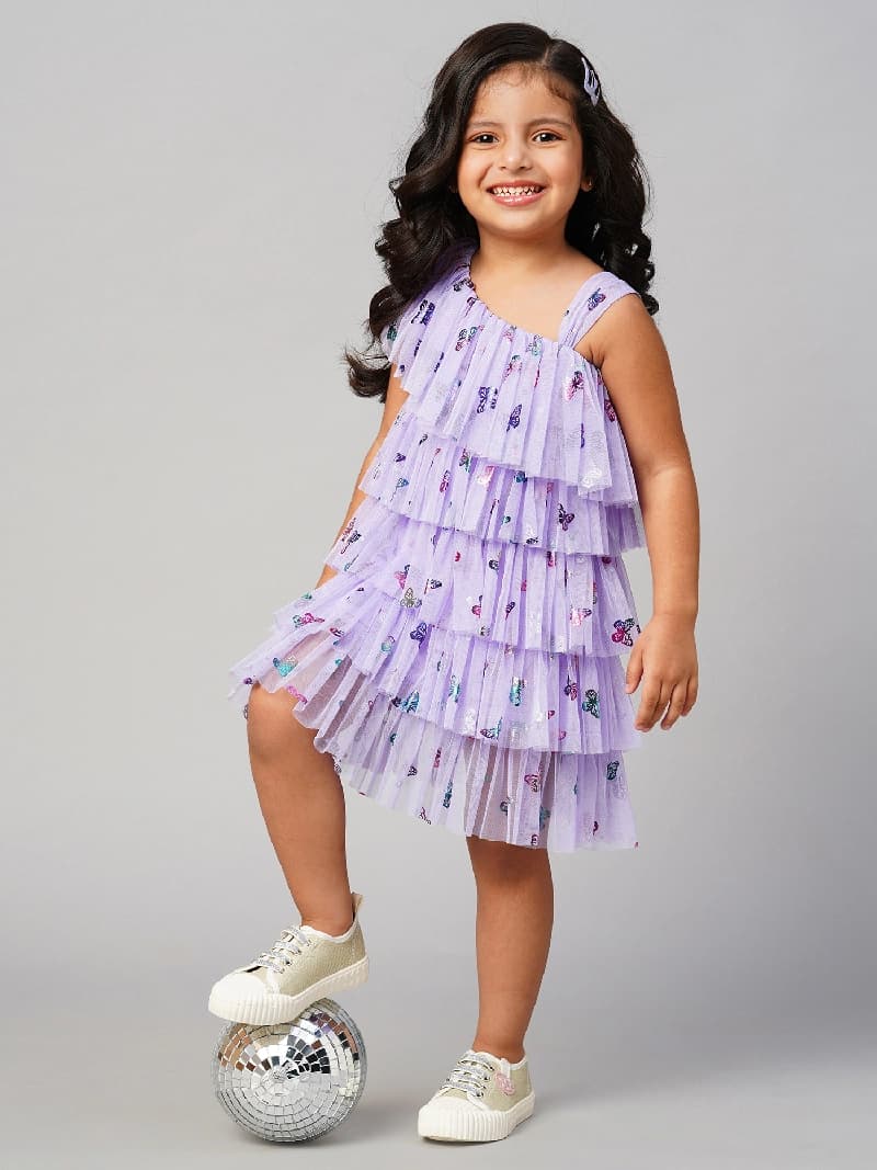 Girls Lavender Party Sleeveless Glam Up Tie Shimmer Dress