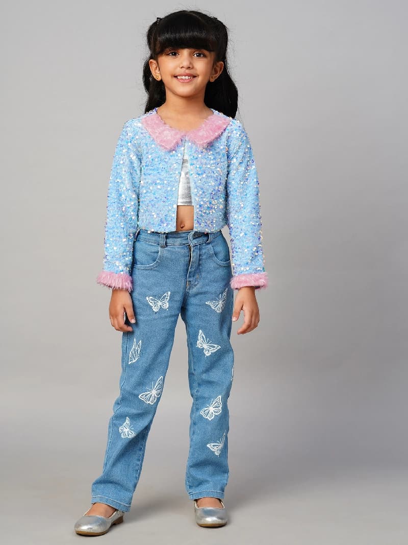Girls Blue Razzle Dazzle Sequins Party Full Sleeves Jacket