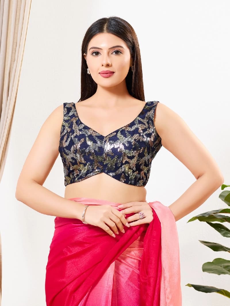 Women's Navy Festive Printed Regular Fit Blouse