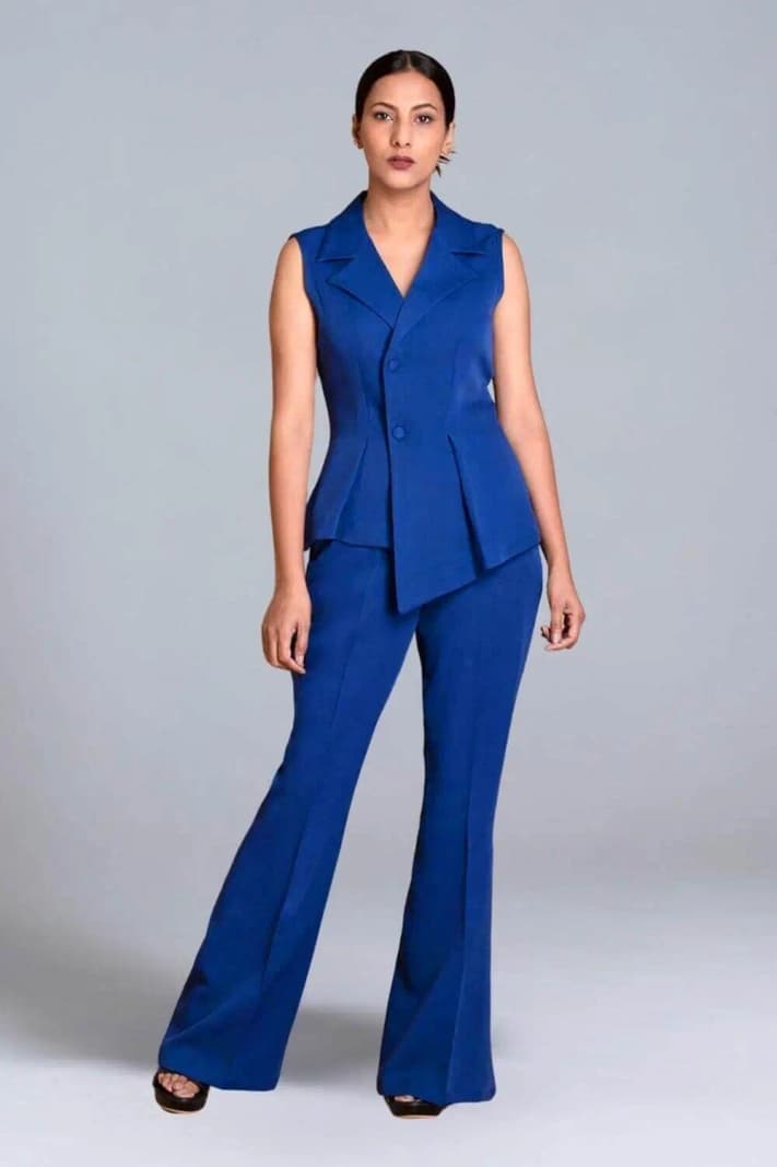 Women's Blue Work Wear Solid Regular Fit Sleeveless Co-ords Set