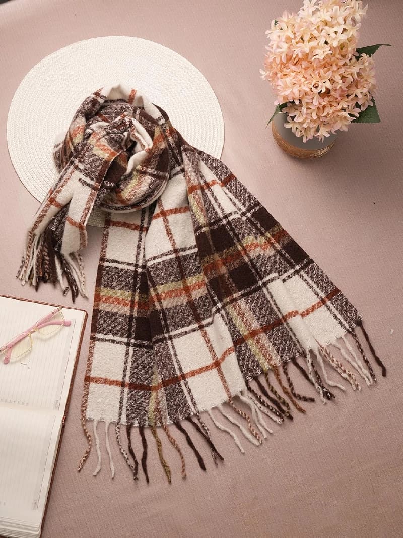 Women's Dark Brown and Off White Casual Cashmere Checkered Scarf