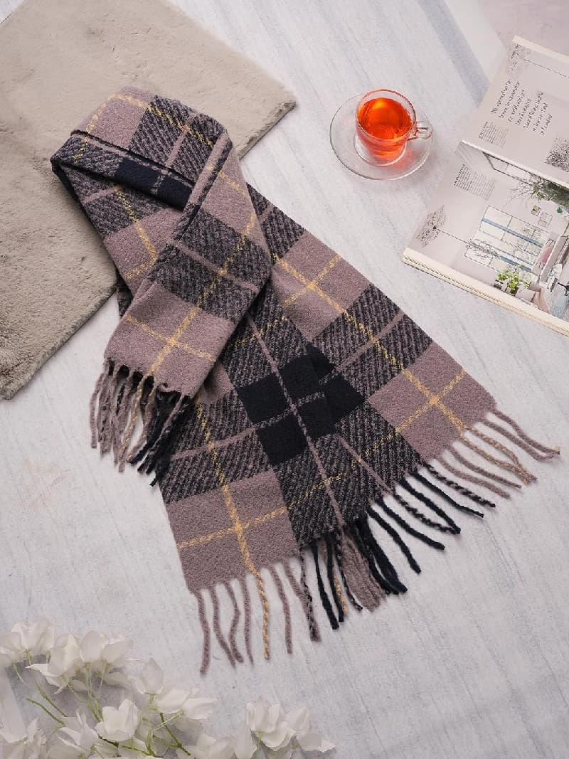 Women's Mauve and Grey Casual Cashmere Checkered Scarf