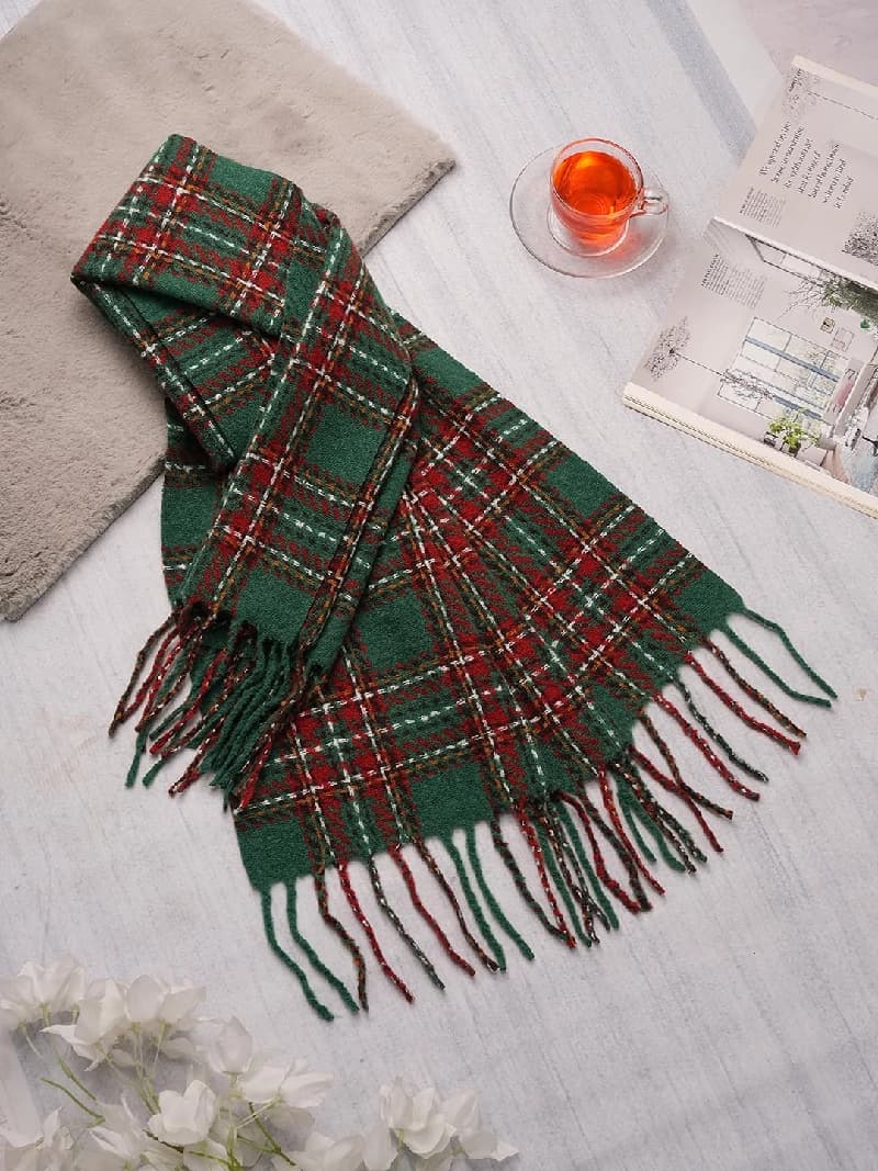 Women's Green and Red Casual Cashmere Checkered Scarf