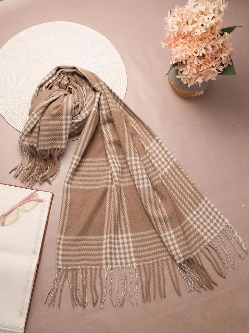 Women's Coffee and Off White Casual Cashmere Checkered Scarf
