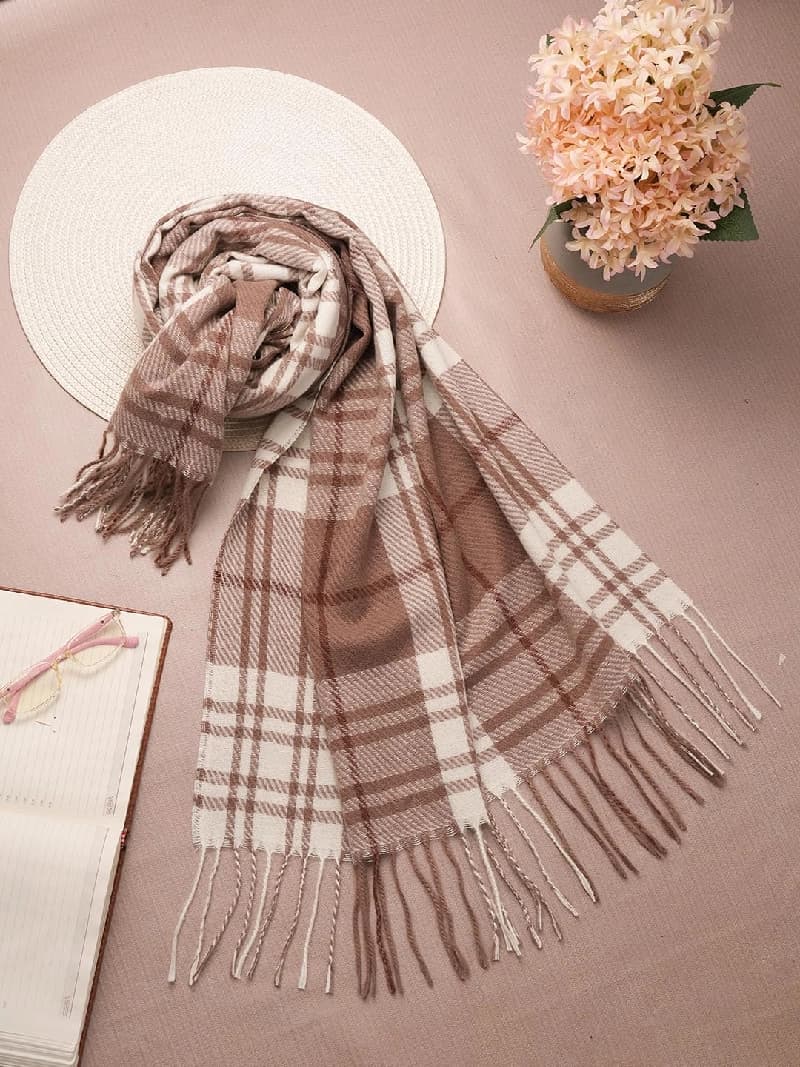 Women's Brown and Off White Casual Cashmere Checkered Scarf