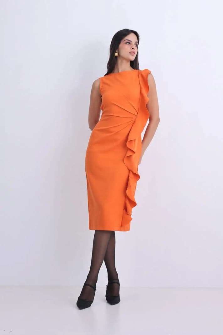 Women's Orange Casual Solid Regular Fit Dress