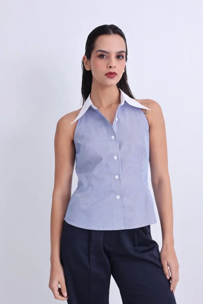 Women's Blue Casual Solid Cinched Fit Shirt