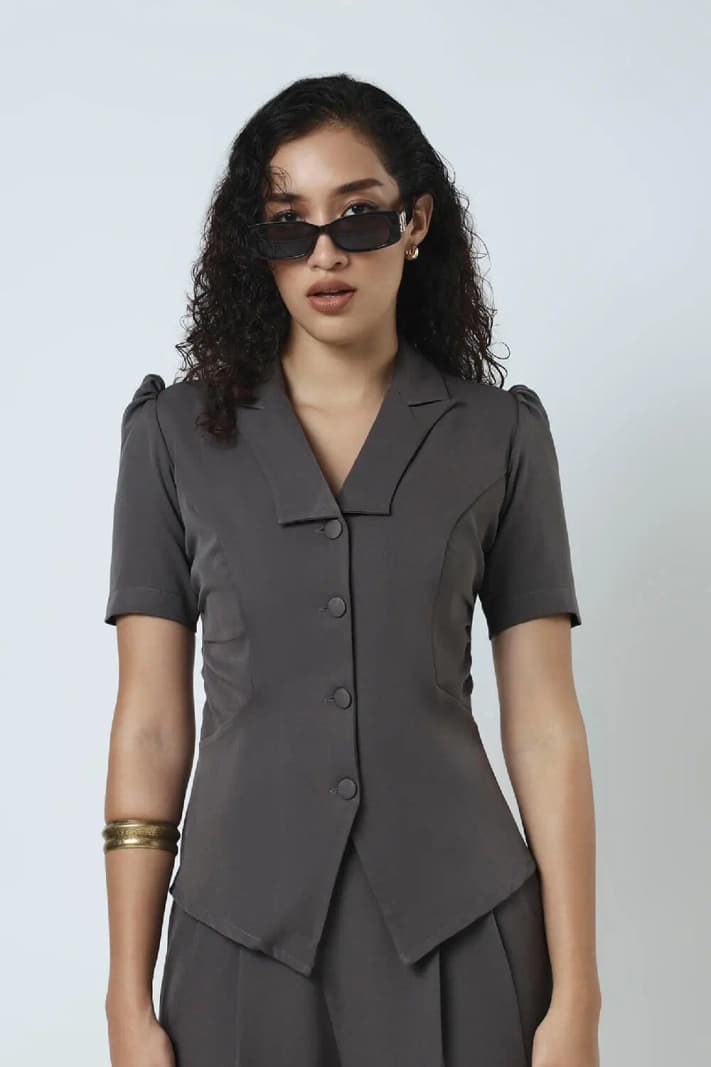 Women's Grey Casual Solid Panel Play Top