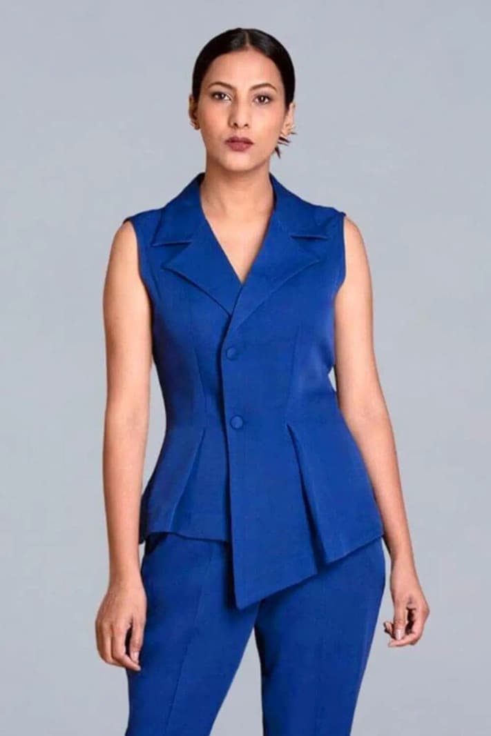 Women's Blue Casual Solid Asymmetrical Overlap Top