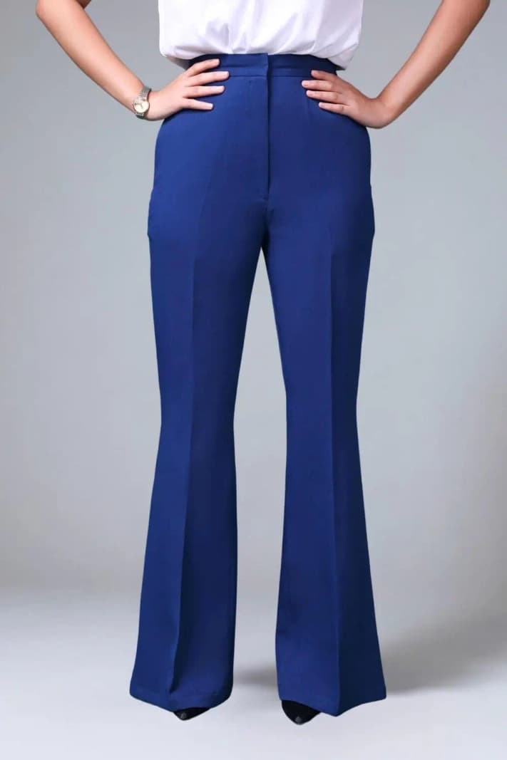 Women's Blue Work Wear Solid High Rise Bootcut Fit Trouser