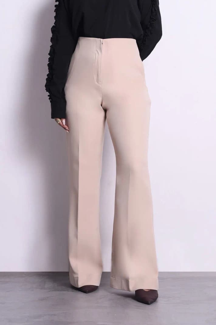 Women's Beige Work Wear Solid High Rise Bootcut Fit Trouser