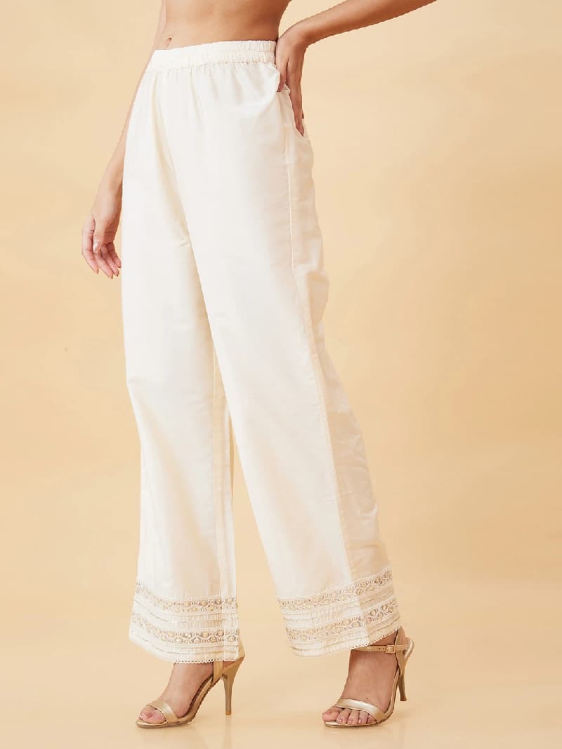 Women's Off White Solid Lace Detail Palazzo