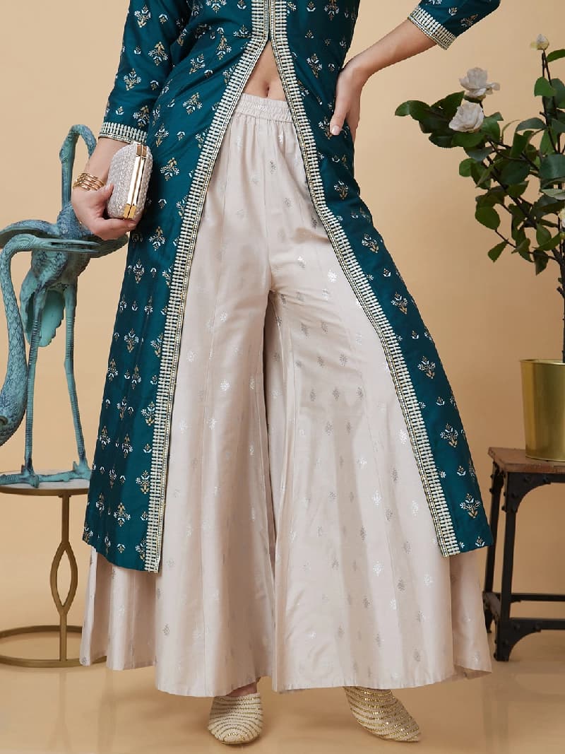 Women's Beige Casual Printed Wide Leg Trouser