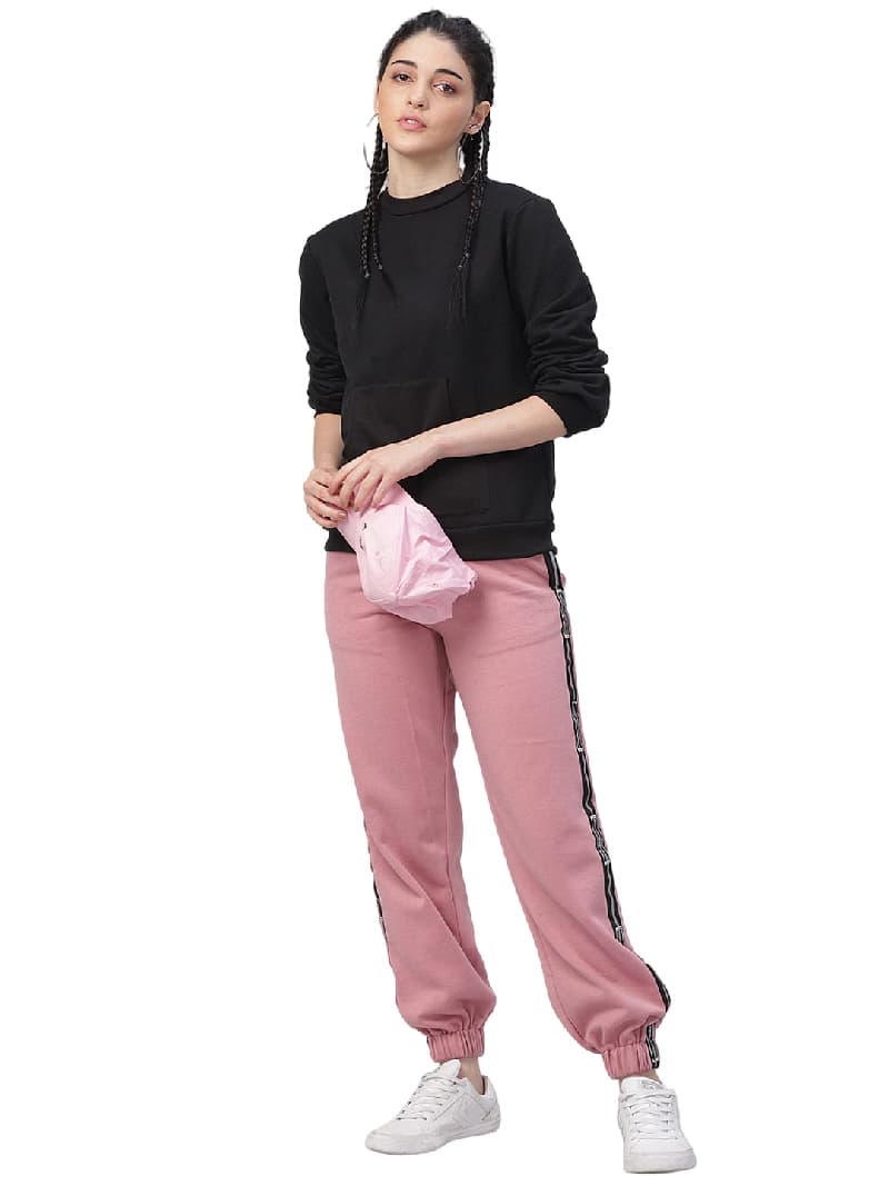 Women's Pink & Black Casual Solid Sweatshirt with Joggers Co-ords Set