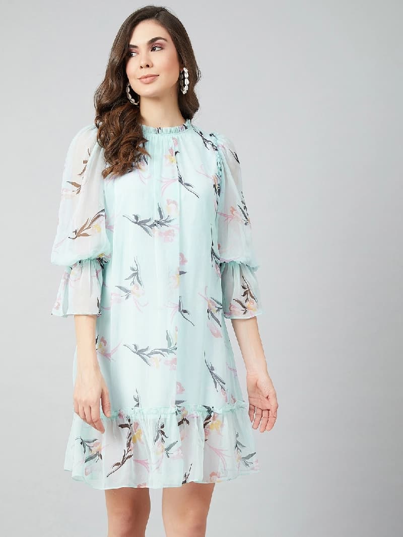 Women's Blue Casual Printed Regular Fit Dress