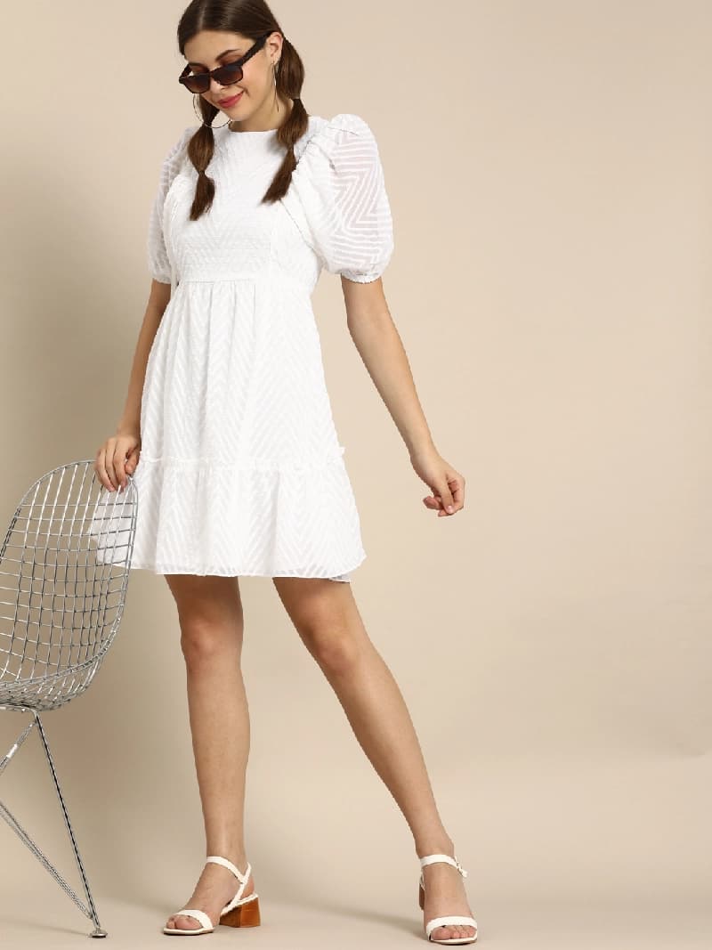 Women's White Casual Self-Design Regular Fit Dress