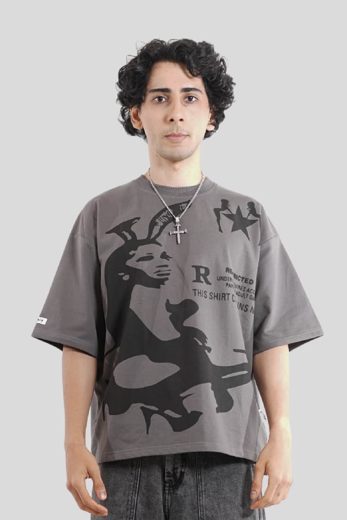 Unisex Grey Casual Printed Oversized Fit Tshirt
