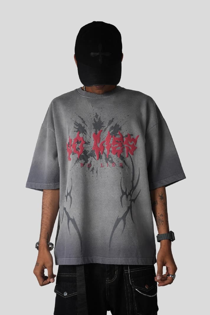 Unisex Grey Casual Printed Oversized Fit Tshirt