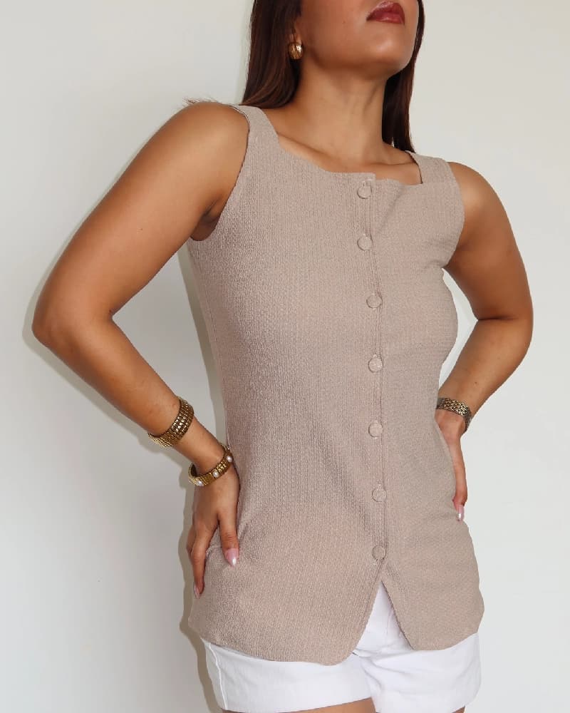 Women's Beige Casual Camelia Button Details Vest Top