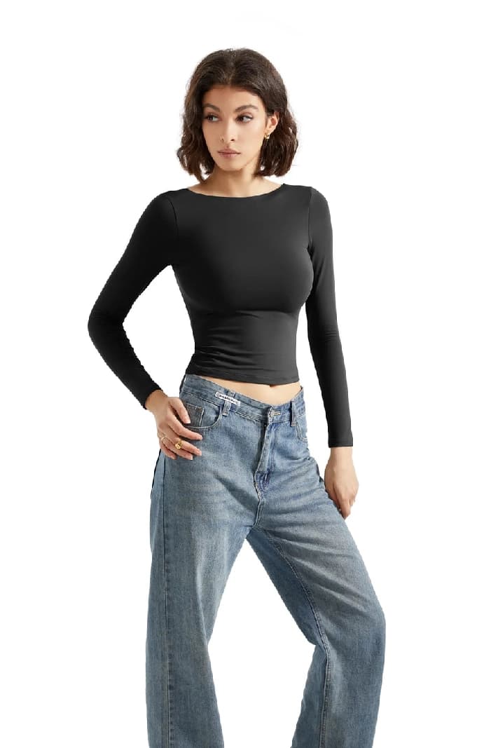 Women's Black Casual Backless Full Sleeve Top