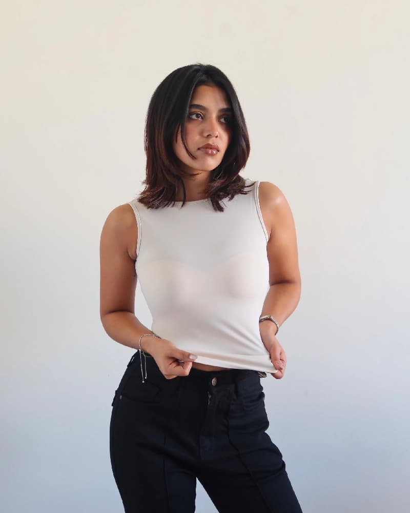 Women's White Casual Soft Backless Boat Neck Tank Top