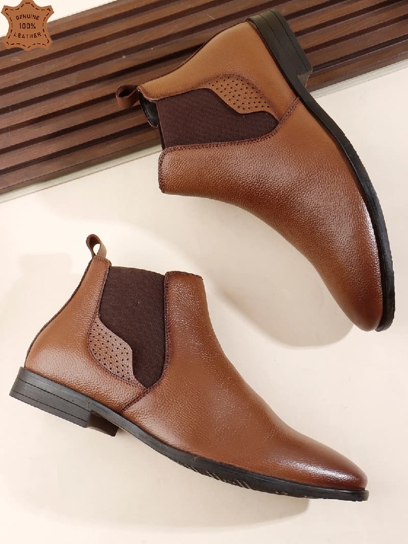 Men's Tan Outdoor Classic Slip-On Ankle Chelsea Leather Boot with Elastic Gussets