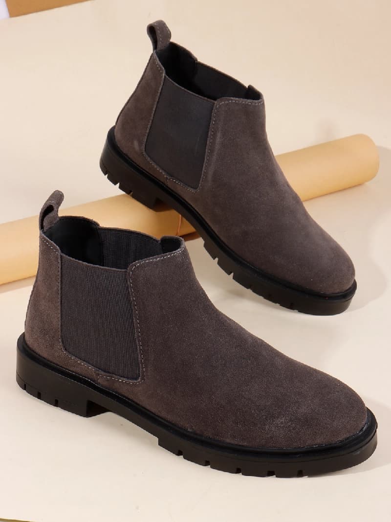 Women's Grey Outdoor Leather Round Toe Block Heel Chelsea Boots