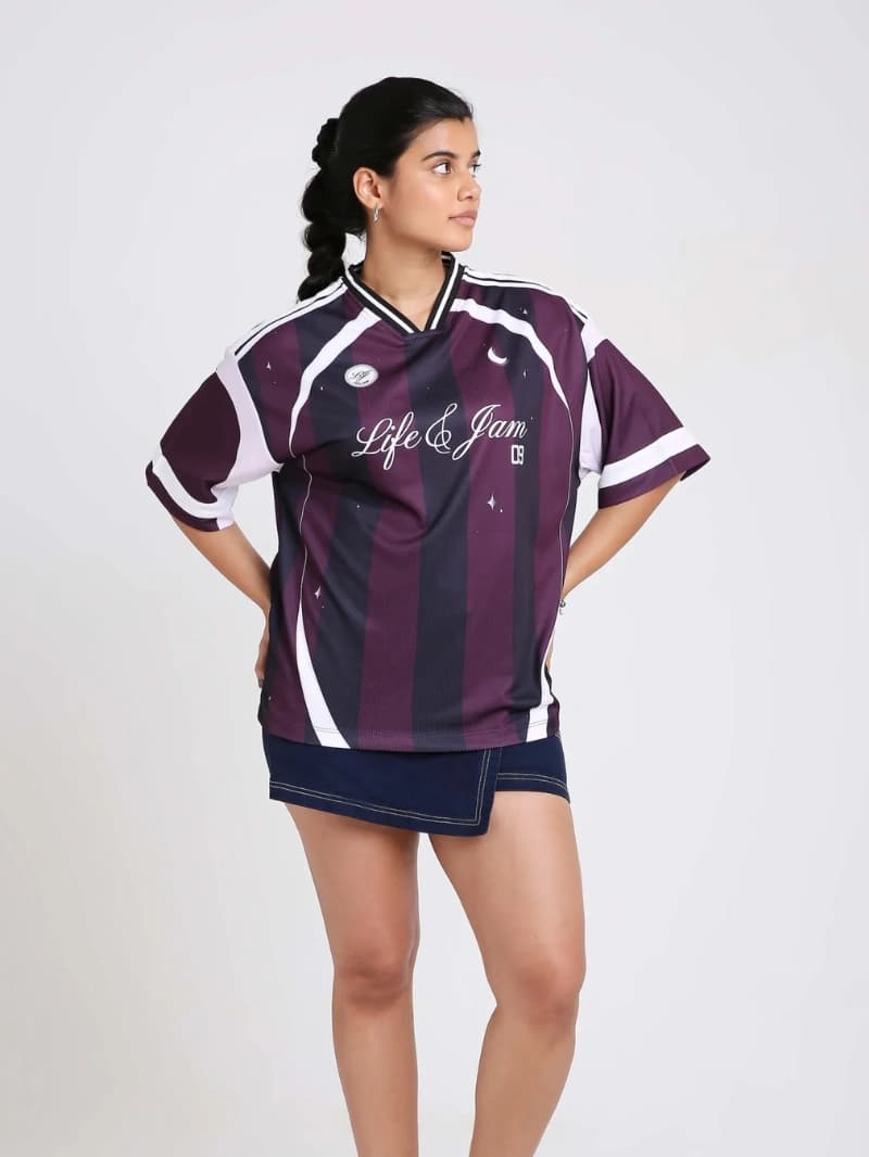 Women's Purple Sport Oversized Fit Striped Half Sleeves Top