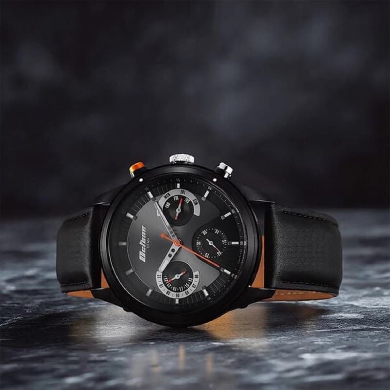 Men's Black Octane Quartz Multifunction Dial Leather Strap Watch