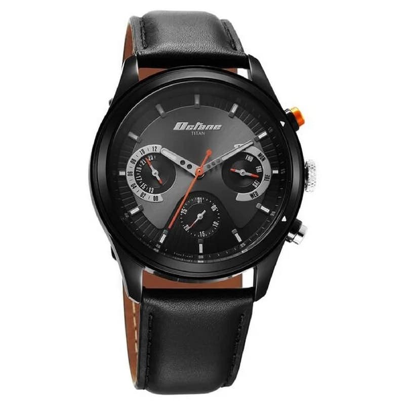 Men's Black Octane Quartz Multifunction Dial Leather Strap Watch