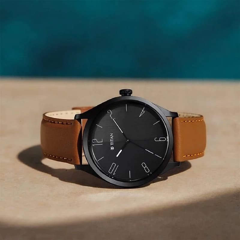 Men's Black Workwear Quartz Analog Dial Brown Leather Strap Watch