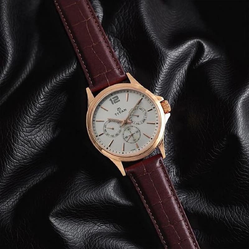 Men's White Workwear Quartz Multifunction Dial Brown Leather Strap Watch