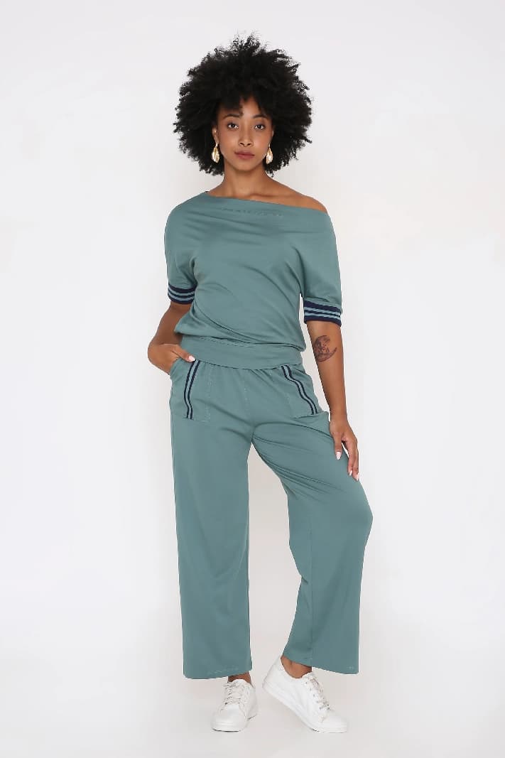 Women's Sporty Sage Green Off-Shoulder Tracksuit Set