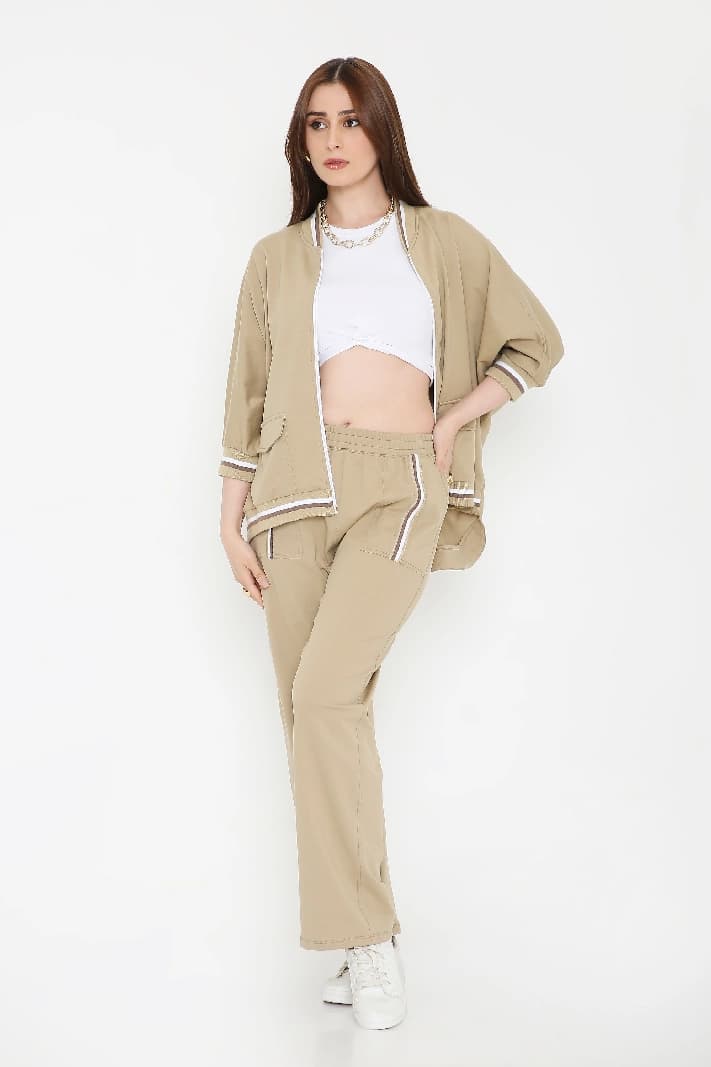 Women's Beige Zipped Long Jacket with Tracks