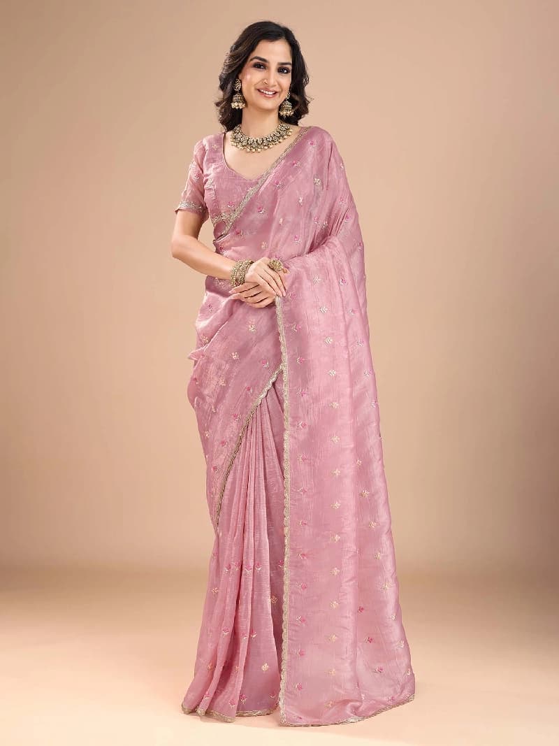 Women's Organza Pink Embroidered Designer Saree With Blouse Piece