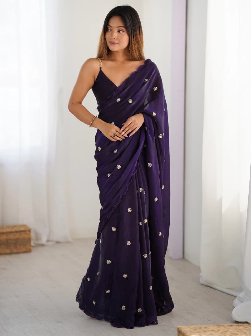 Women's Satin Silk Purple Embellished Designer Saree With Blouse Piece