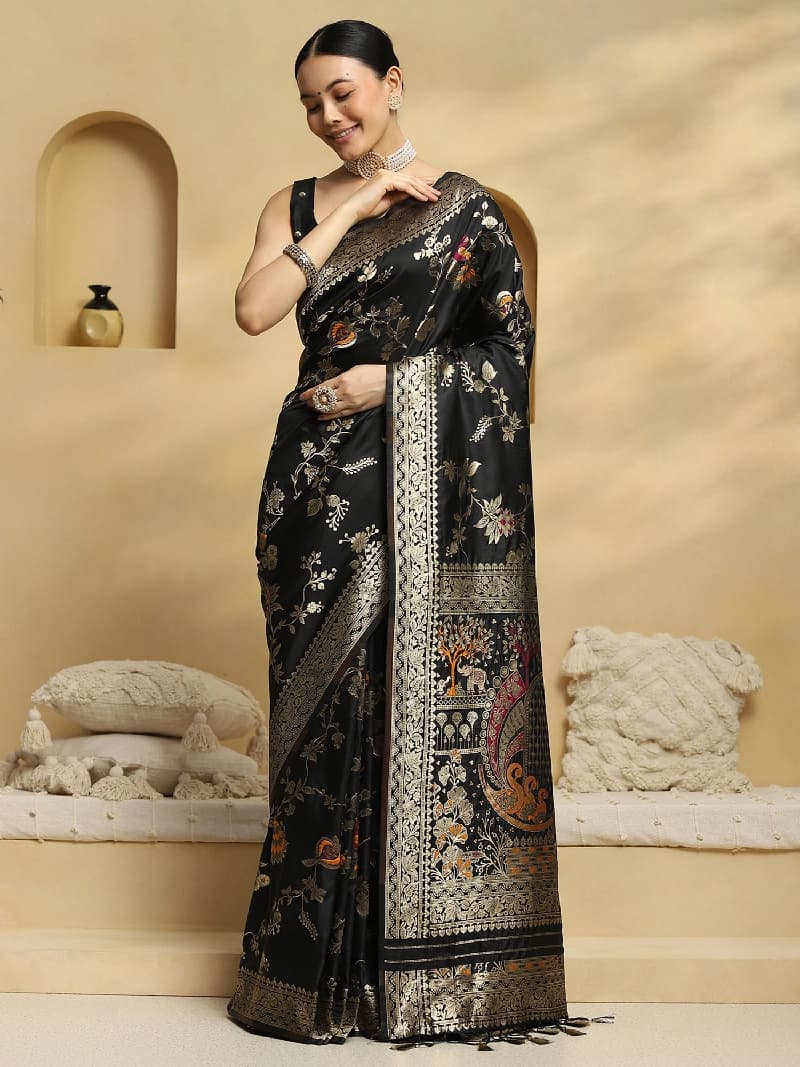 Women's Soft Silk Black Woven Design Designer Saree With Blouse Piece