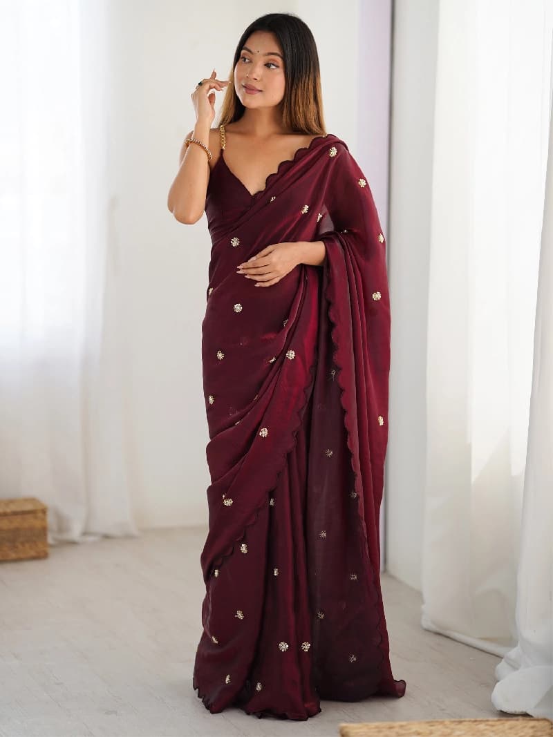 Women's Satin Silk Burgundy Embellished Designer Saree With Blouse Piece