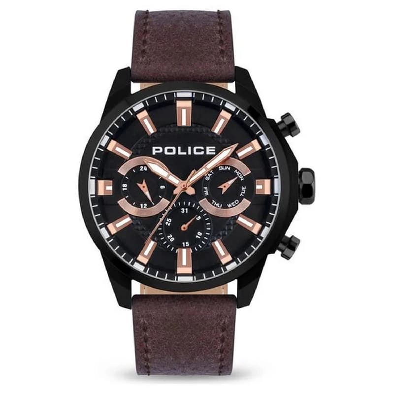 Men's Black Dial Brown Strap Multifunction Watch
