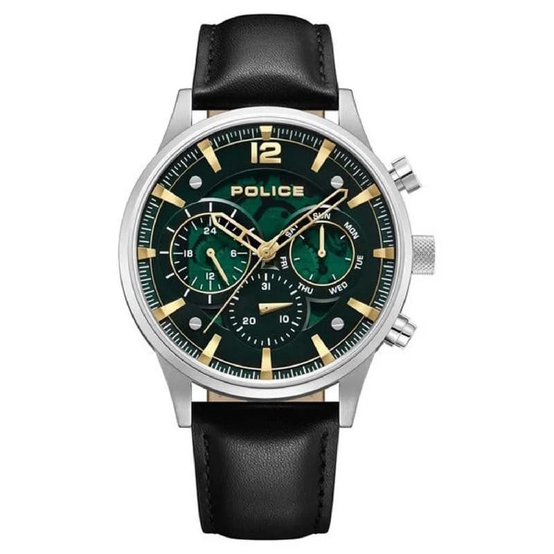 Men's Green Quartz Multifunction Dial Black Leather Strap Watch